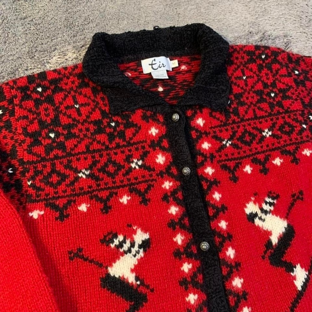 Vintage Wool red and black Skiing Knit Sweater with silver buttons Medium